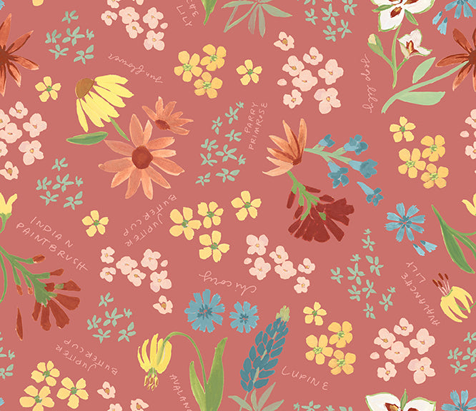 Albion Large Wildflowers on Red fabric