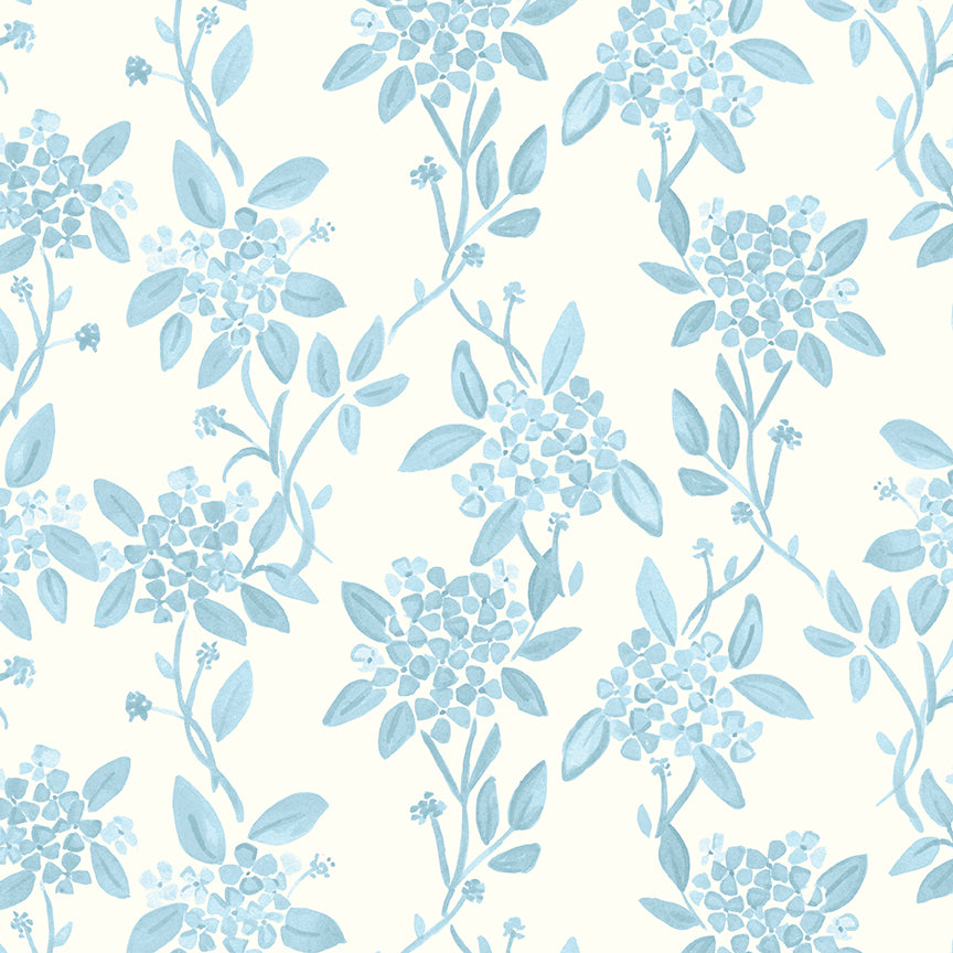 Portsmouth: Blue Hydrangeas on White Background Fabric