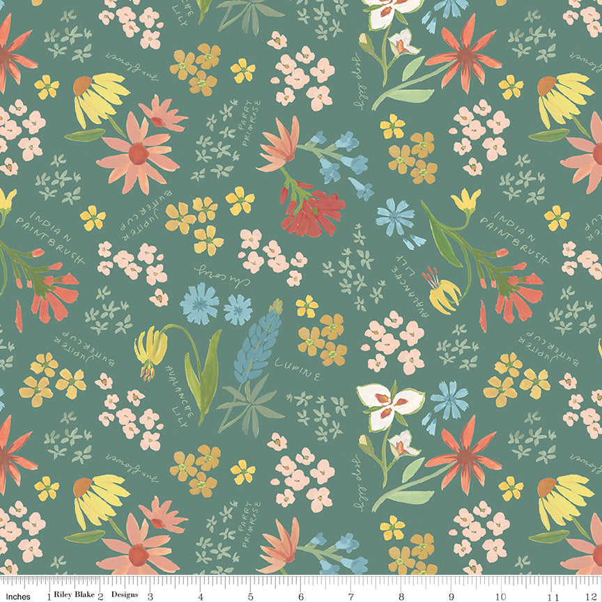 Albion Large Wildflowers on Green fabric