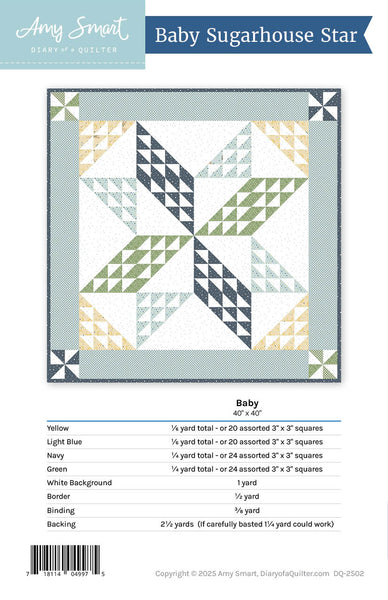 Quilt pattern for a baby-sized Sugarhouse Star quilt with color requirements on a white background.