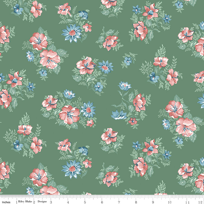 Mary Catherine Main Floral on Green (Lodgepole) fabric